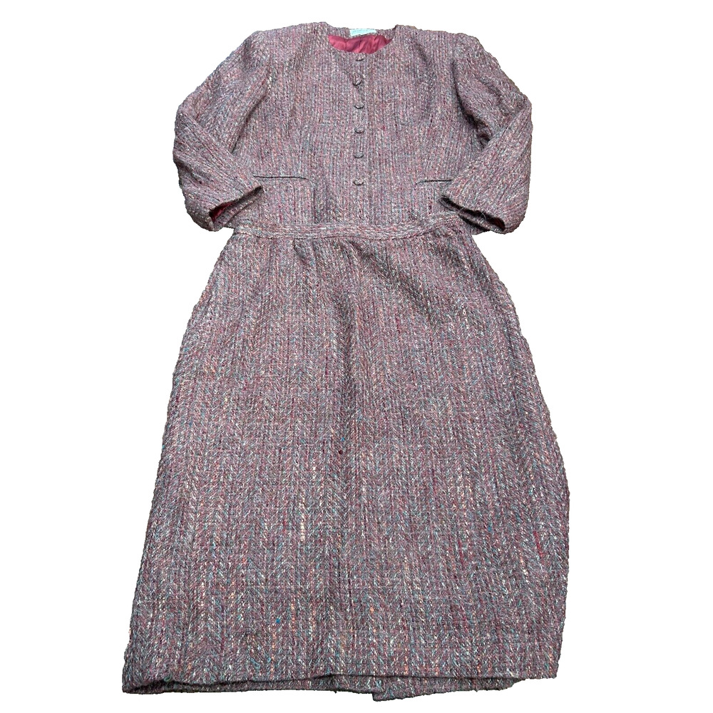 Vtg Lombardi Inc. Womens Purple Mohair Chevron Tweed Blazer & Skirt Suit Size 14